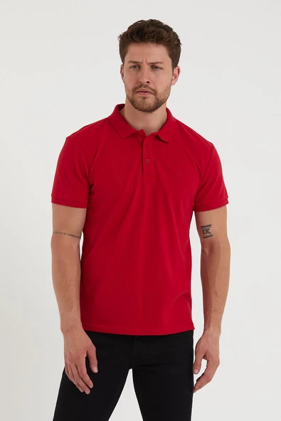 Erkek Regular Fit Polo Yaka Nakışlı T-shirt  Kırmızı