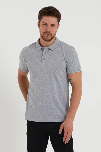 Erkek Regular Fit Polo Yaka Nakışlı T-shirt  Gri Melanj - 2