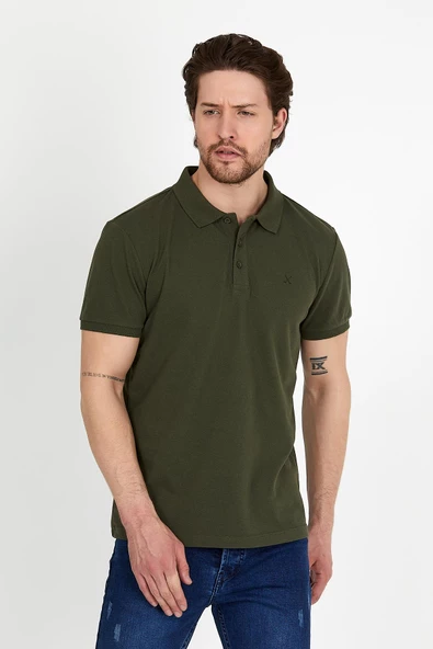 Erkek Regular Fit Polo Yaka Nakışlı T-shirt  Haki