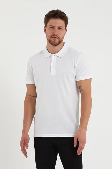 Erkek Regular Fit Polo Yaka Nakışlı T-shirt  Beyaz - 2