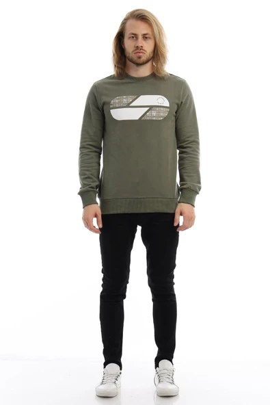 Erkek 3 İplik Pamuklu Baskılı Regular Fit Basic Bisiklet Yaka Yeşil Sweatshirt - Resim 4