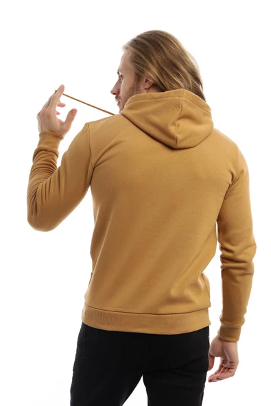 Erkek 3 İplik Pamuklu İçi Polarlı Süzine Nakışlı Regular Fit Kapüşonlu Kanguru Cepli Kahverengi Sweatshirt - Resim 5