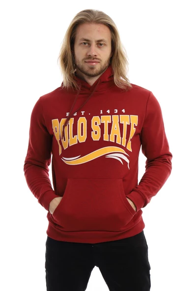 Erkek 3 İplik Pamuklu İçi Polarlı Regular Fit Baskılı Kapüşonlu Kanguru Cepli Bordo Sweatshirt - 6