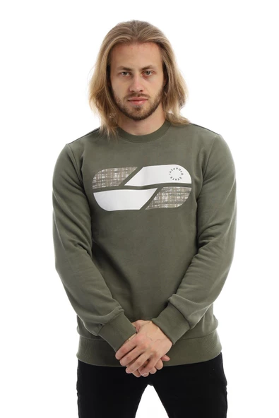 Erkek 3 İplik Pamuklu Baskılı Regular Fit Basic Bisiklet Yaka Yeşil Sweatshirt - Resim 11