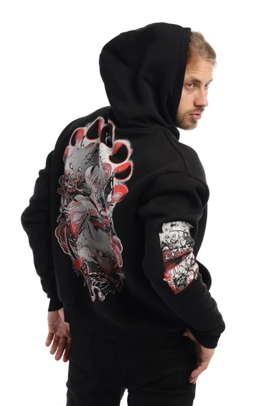 Erkek 3 İplik Pamuklu İçi Polarlı  Oversize Ön Arka Kol Baskılı Kapüşonlu Kanguru Cepli Siyah Sweatshirt - 7