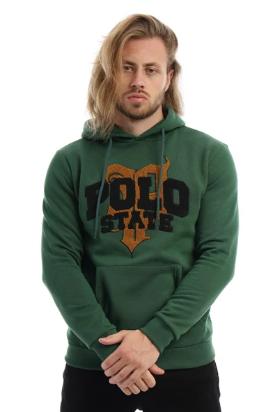 Erkek 3 İplik Pamuklu İçi Polarlı Süzine Nakışlı Regular Fit Kapüşonlu Kanguru Cepli yeşil Sweatshirt - 7