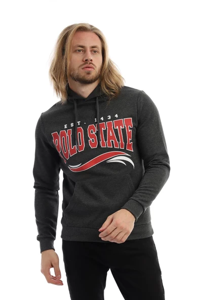 Erkek 3 İplik Pamuklu İçi Polarlı Regular Fit Baskılı Kapüşonlu Kanguru Cepli Antrasit Sweatshirt - 9