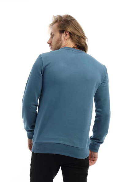 Erkek 3 İplik Pamuklu Regular Fit Basic Bisiklet Yaka Mavi Sweatshirt - Resim 5