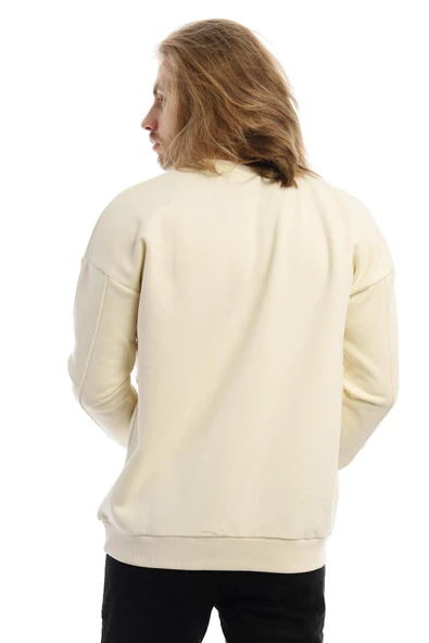 Erkek 3 İplik Pamuklu İçi Polarlı Regular Fit Basic Bisklet Yaka Krem Sweatshirt - Resim 10