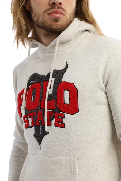 Erkek 3 İplik Pamuklu İçi Polarlı Süzine Nakışlı Regular Fit Kapüşonlu Kanguru Cepli Kar Melanj Sweatshirt - 8