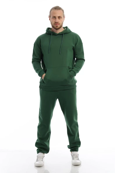 Erkek 3 İplik Pamuklu İçi Polarlı Oversize Kapüşonlu Kanguru Cepli Yeşil Sweatshirt - Resim 7