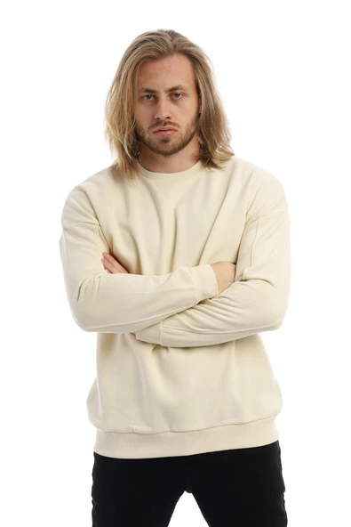 Erkek 3 İplik Pamuklu İçi Polarlı Regular Fit Basic Bisklet Yaka Krem Sweatshirt - Resim 3