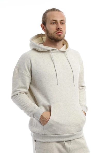 Erkek 3 İplik Pamuklu İçi Polarlı Oversize Kapüşonlu Kanguru Cepli Kar Melanj Sweatshirt - 11