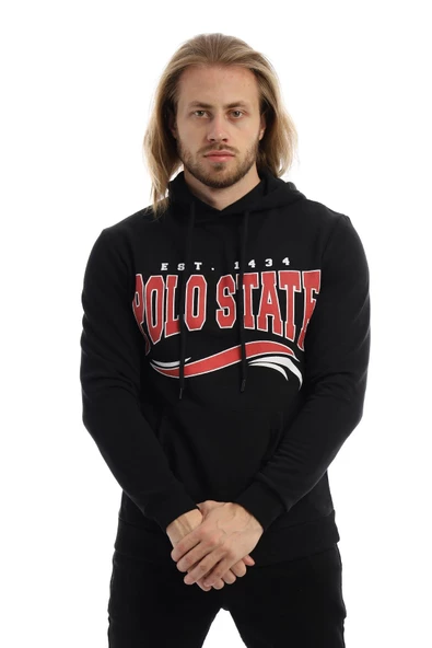 Erkek 3 İplik Pamuklu İçi Polarlı Regular Fit Baskılı Kapüşonlu Kanguru Cepli Siyah Sweatshirt - 11