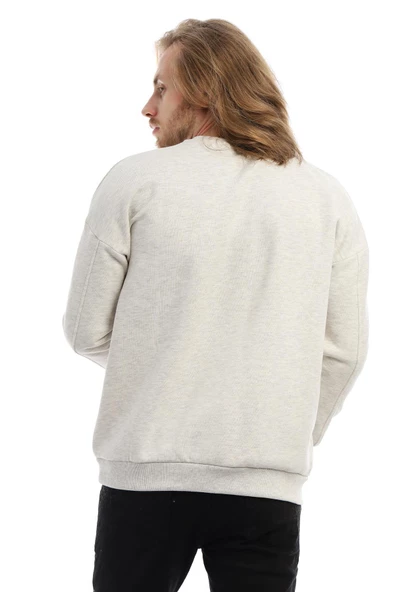 Erkek 3 İplik Pamuklu İçi Polarlı Regular Fit Basic Bisklet Yaka Kar Melanj Sweatshirt - Resim 5