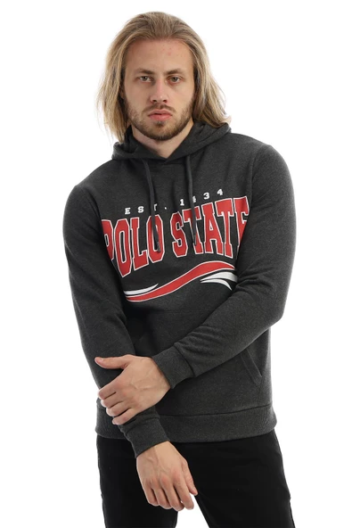 Erkek 3 İplik Pamuklu İçi Polarlı Regular Fit Baskılı Kapüşonlu Kanguru Cepli Antrasit Sweatshirt - 10