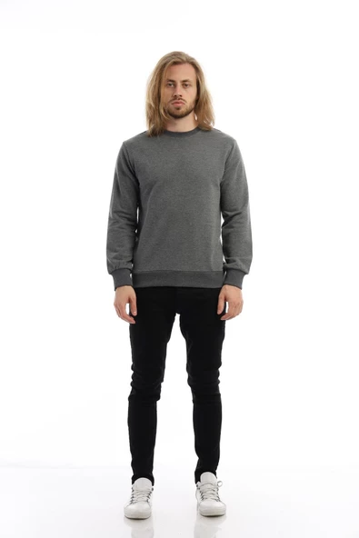 Erkek 3 İplik Pamuklu Regular Fit Basic Bisiklet Yaka Antrasit Sweatshirt - 9