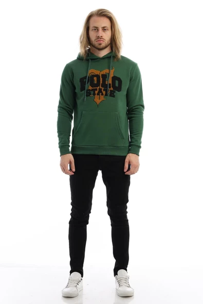 Erkek 3 İplik Pamuklu İçi Polarlı Süzine Nakışlı Regular Fit Kapüşonlu Kanguru Cepli yeşil Sweatshirt - 4