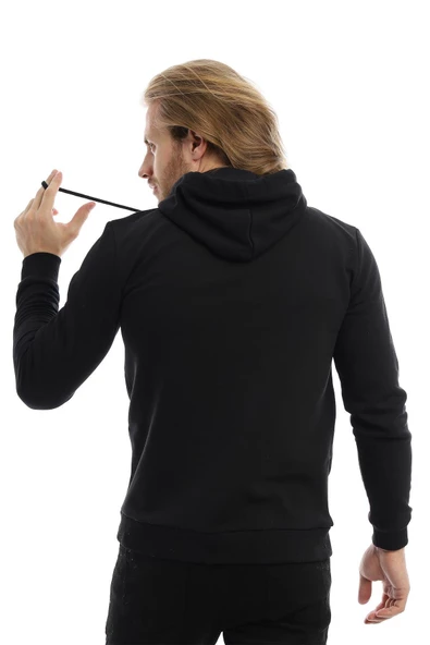 Erkek 3 İplik Pamuklu İçi Polarlı Regular Fit Baskılı Kapüşonlu Kanguru Cepli Siyah Sweatshirt - 10