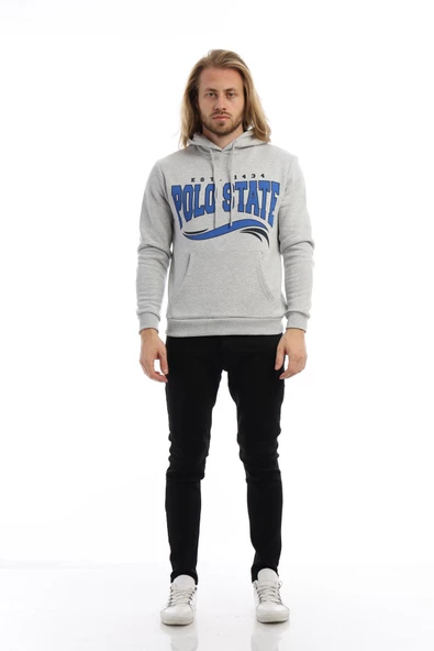 Erkek 3 İplik Pamuklu İçi Polarlı Regular Fit Baskılı Kapüşonlu Kanguru Cepli Gri Sweatshirt - Resim 9