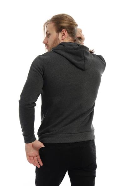 Erkek 3 İplik Pamuklu İçi Polarlı Regular Fit Baskılı Kapüşonlu Kanguru Cepli Antrasit Sweatshirt - 8