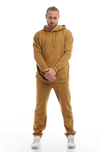 Erkek 3 İplik Pamuklu İçi Polarlı Oversize Kapüşonlu Kanguru Cepli Kahverengi Sweatshirt - 2