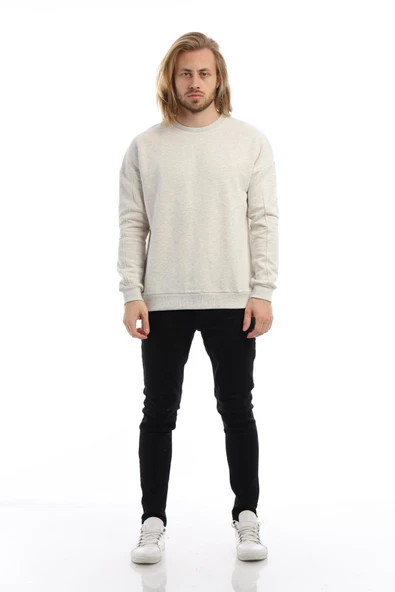 Erkek 3 İplik Pamuklu İçi Polarlı Regular Fit Basic Bisklet Yaka Kar Melanj Sweatshirt - Resim 9