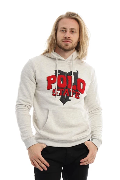 Erkek 3 İplik Pamuklu İçi Polarlı Süzine Nakışlı Regular Fit Kapüşonlu Kanguru Cepli Kar Melanj Sweatshirt