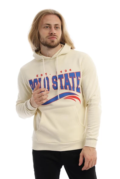Erkek 3 İplik Pamuklu İçi Polarlı Regular Fit Baskılı Kapüşonlu Kanguru Cepli Ekru Sweatshirt - Resim 3