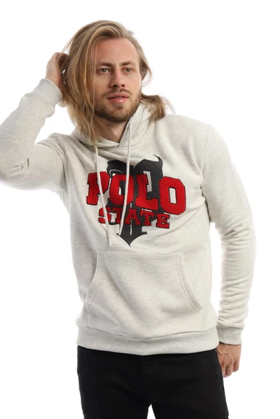 Erkek 3 İplik Pamuklu İçi Polarlı Süzine Nakışlı Regular Fit Kapüşonlu Kanguru Cepli Kar Melanj Sweatshirt - 12