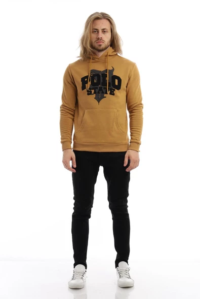 Erkek 3 İplik Pamuklu İçi Polarlı Süzine Nakışlı Regular Fit Kapüşonlu Kanguru Cepli Kahverengi Sweatshirt - Resim 9