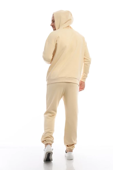 Erkek 3 İplik Pamuklu İçi Polarlı Oversize Kapüşonlu Kanguru Cepli Krem Sweatshirt - 10