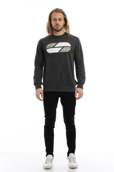 Erkek 3 İplik Pamuklu Baskılı Regular Fit Basic Bisiklet Yaka Antrasit Sweatshirt - 9