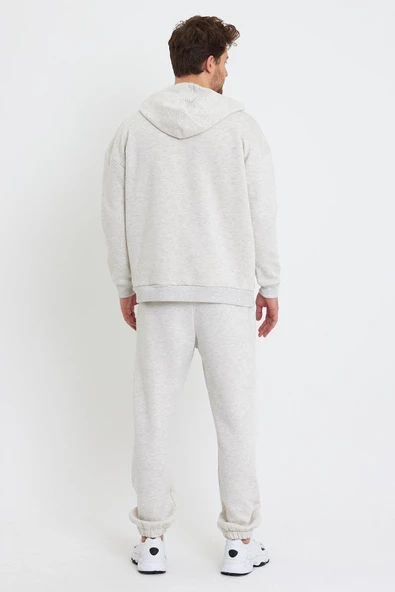 Erkek 3 İplik Pamuklu İçi Polarlı Oversize Nakışlı Kapüşonlu Kanguru Cepli Kar Melanj Sweatshirt - 3