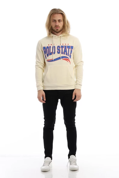 Erkek 3 İplik Pamuklu İçi Polarlı Regular Fit Baskılı Kapüşonlu Kanguru Cepli Ekru Sweatshirt - Resim 4