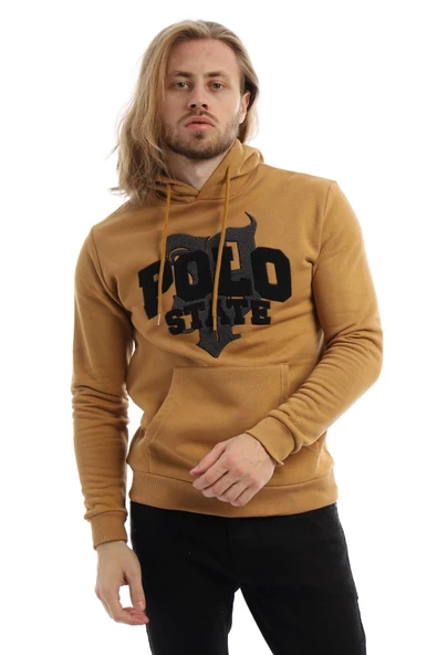 Erkek 3 İplik Pamuklu İçi Polarlı Süzine Nakışlı Regular Fit Kapüşonlu Kanguru Cepli Kahverengi Sweatshirt - Resim 11
