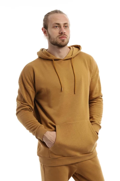 Erkek 3 İplik Pamuklu İçi Polarlı Oversize Kapüşonlu Kanguru Cepli Kahverengi Sweatshirt - 6