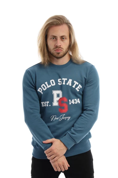 Erkek 3 İplik Pamuklu Baskılı Regular Fit Basic Bisiklet Yaka Mavi Sweatshirt - 7