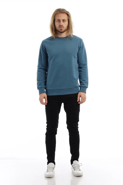 Erkek 3 İplik Pamuklu Regular Fit Basic Bisiklet Yaka Mavi Sweatshirt - Resim 9