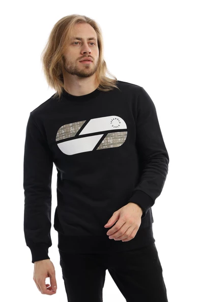 Erkek 3 İplik Pamuklu Baskılı Regular Fit Basic Bisiklet Yaka Siyah Sweatshirt - 6