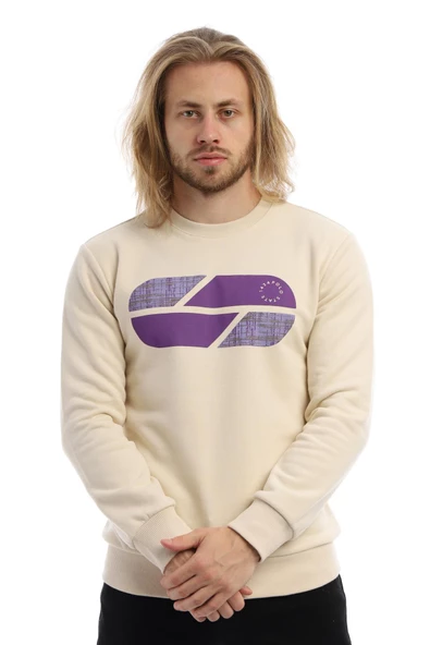 Erkek 3 İplik Pamuklu Baskılı Regular Fit Basic Bisiklet Yaka Ekru Sweatshirt - 8