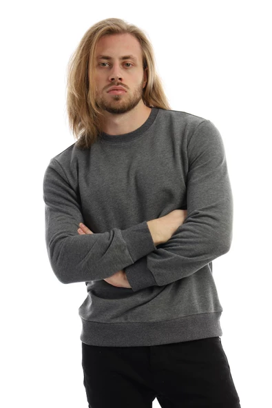 Erkek 3 İplik Pamuklu Regular Fit Basic Bisiklet Yaka Antrasit Sweatshirt - 3