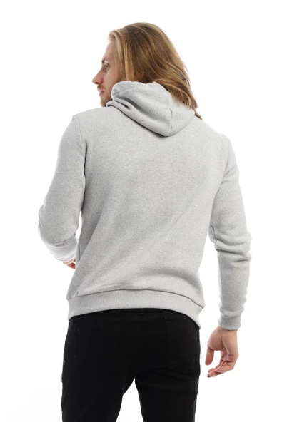 Erkek 3 İplik Pamuklu İçi Polarlı Regular Fit Baskılı Kapüşonlu Kanguru Cepli Gri Sweatshirt - Resim 10