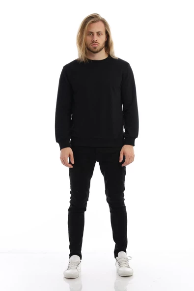 Erkek 3 İplik Pamuklu Regular Fit Basic Bisiklet Yaka Siyah Sweatshirt - 4
