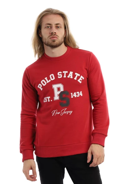 Erkek 3 İplik Pamuklu Baskılı Regular Fit Basic Bisiklet Yaka Kırmızı Sweatshirt - Resim 9