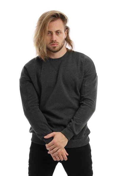 Erkek 3 İplik Pamuklu İçi Polarlı Regular Fit Basic Bisklet Yaka Antrasit Sweatshirt - 2