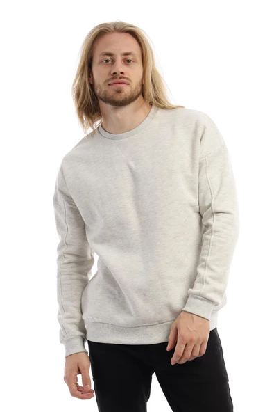 Erkek 3 İplik Pamuklu İçi Polarlı Regular Fit Basic Bisklet Yaka Kar Melanj Sweatshirt - Resim 11