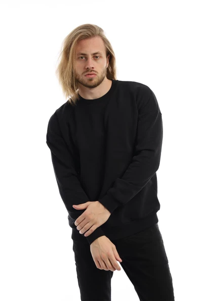 Erkek 3 İplik Pamuklu İçi Polarlı Regular Fit Basic Bisklet Yaka Siyah Sweatshirt - Resim 12