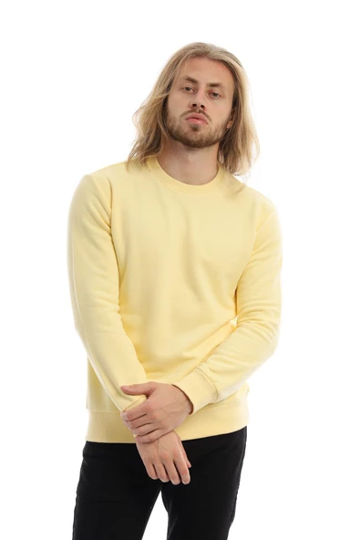Erkek 3 İplik Pamuklu Regular Fit Basic Bisiklet Yaka Sarı Sweatshirt - 3