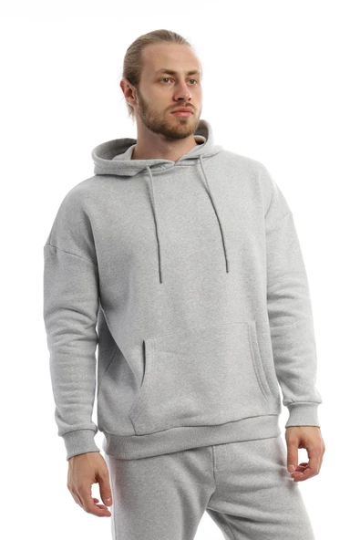 Erkek 3 İplik Pamuklu İçi Polarlı Oversize Kapüşonlu Kanguru Cepli Gri Sweatshirt - Resim 11